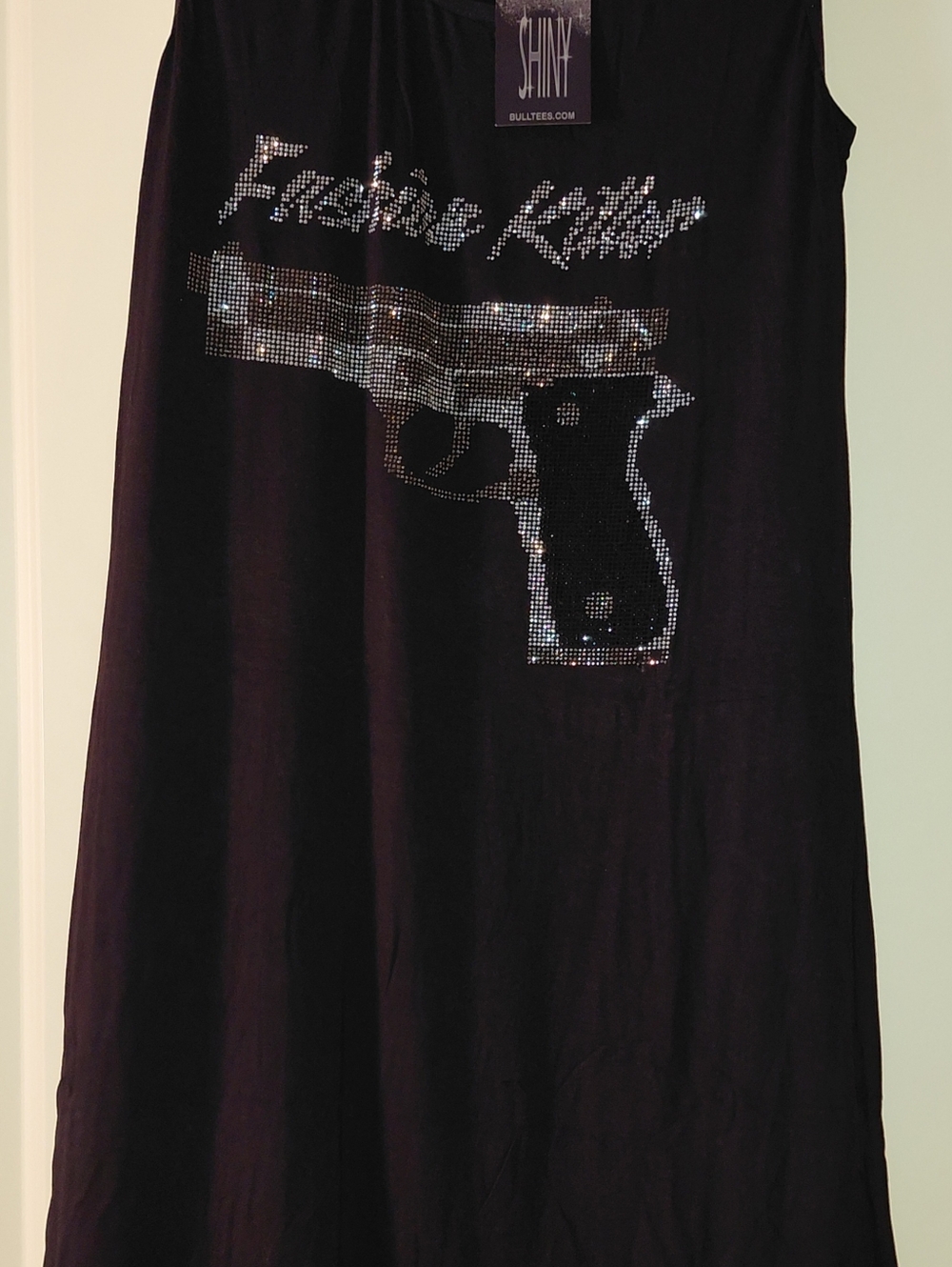 NWT Black sleeveless Dress/top.  Rhinestone Gun Graphic Text="FASHION KILLER"